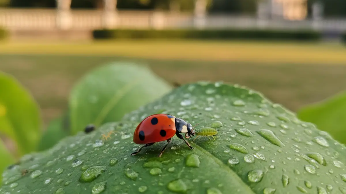 Imatge genèrica d'una marieta en una fulla verda, simbolitzant el control biològic de plagues en parcs i jardins.