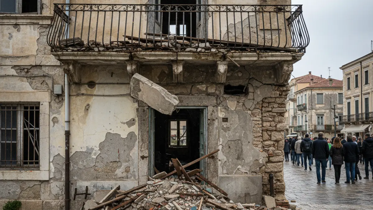 Imatge d'un balcó danyat en un hostal abandonat de Santa Pola després de les pluges.