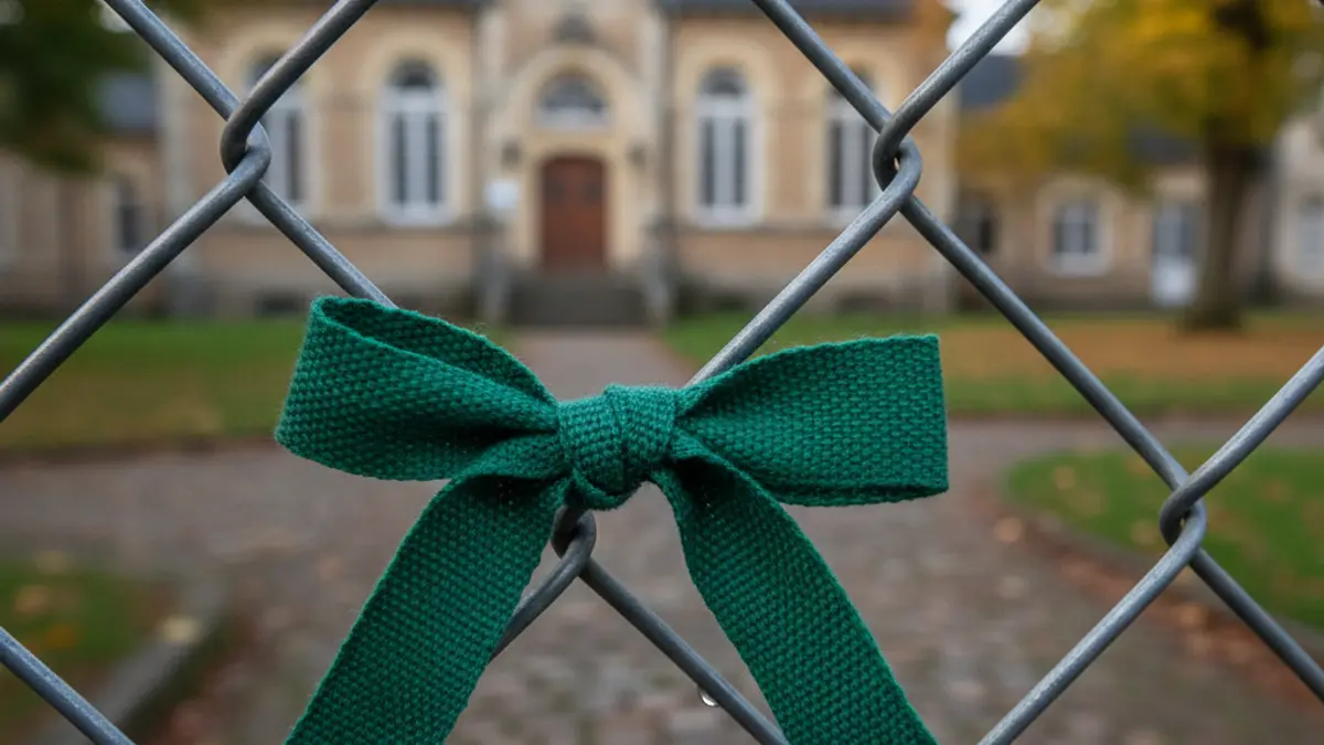 Generic image of a green protest ribbon tied to a school fence, symbolizing an educational strike.