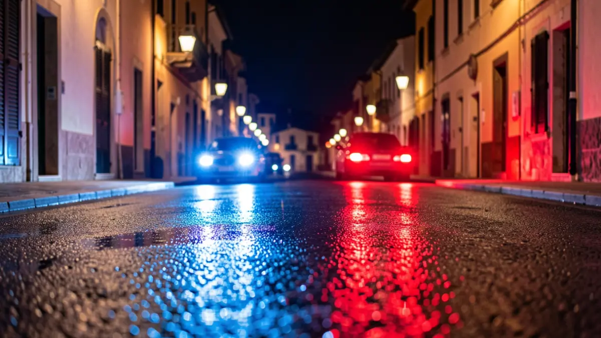 Imagen genérica de luces de emergencia policiales reflejándose en asfalto mojado de noche.