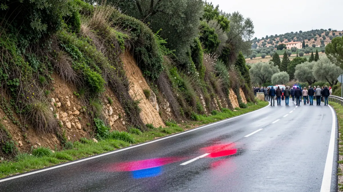 Generic image of emergency lights reflecting on wet asphalt next to an embankment.