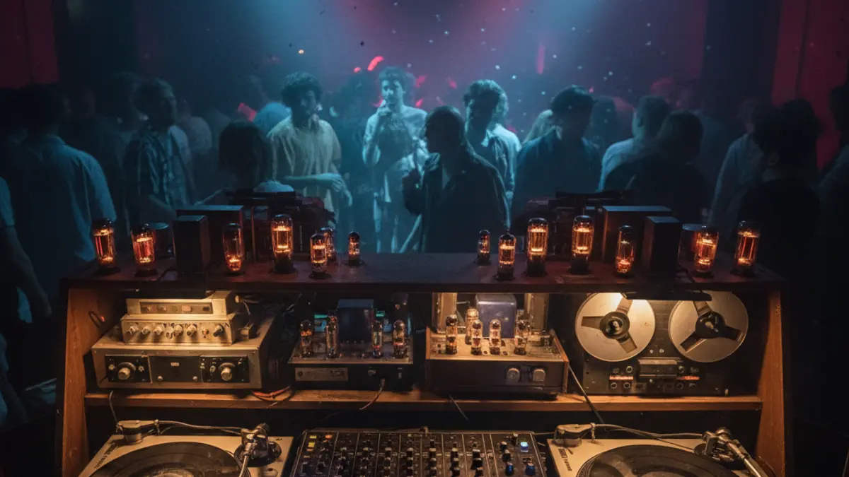 Imatge genèrica d'un interior de club amb un DJ i gent ballant, evocant una escena musical underground retro.