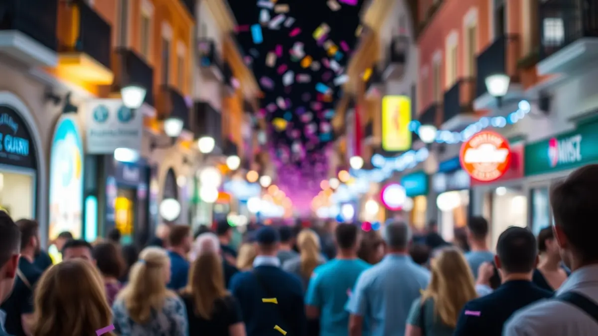 Imagen genérica de una manifestación o celebración en una calle de ciudad, con luces y confeti.