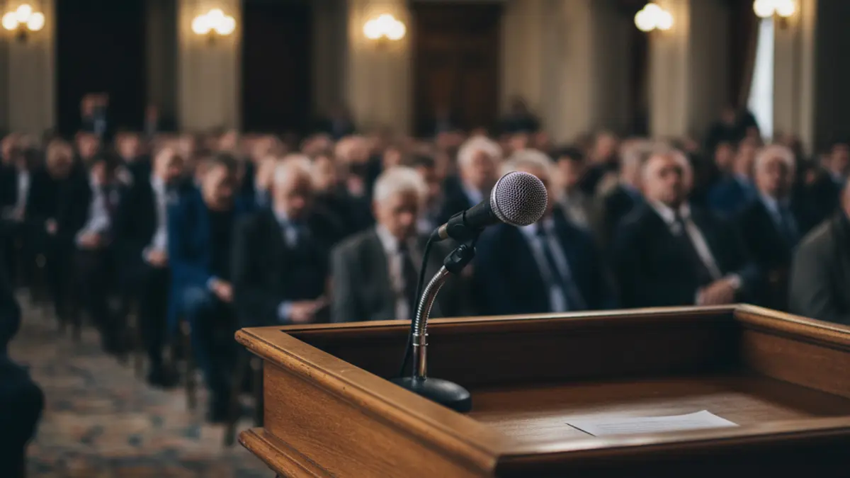 Generic image of a microphone on a podium, symbolizing a public debate or colloquium.
