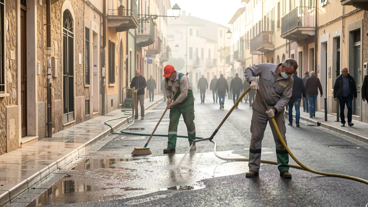 Generic image of street cleaning in a Mediterranean city in the early morning.