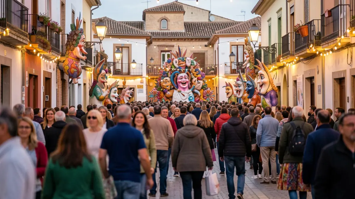 Imagen genérica de una calle de València durante las Fallas, con gente y luces festivas.