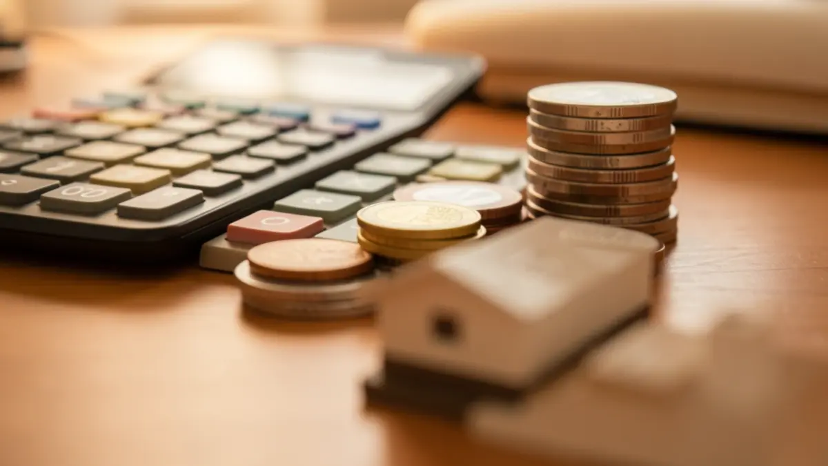 Imatge genèrica d'una calculadora i monedes d'euros sobre una taula de fusta, amb una clau de casa al davant.