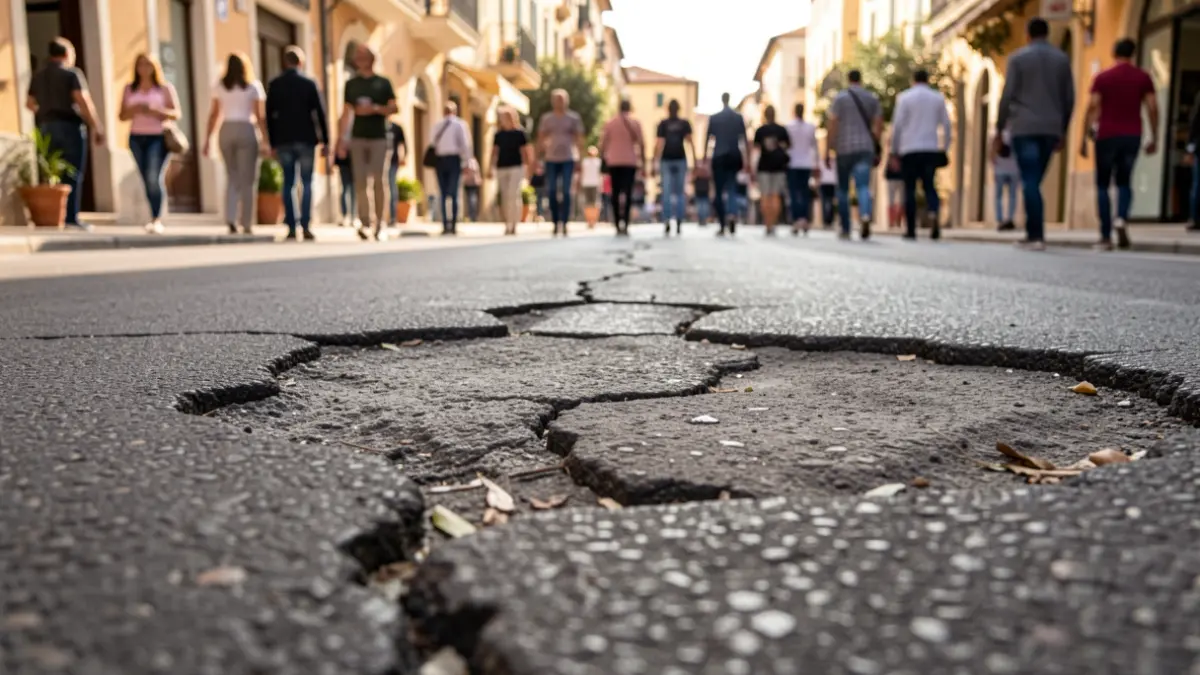 Generic image of urban pavement with cracks in a Mediterranean city.