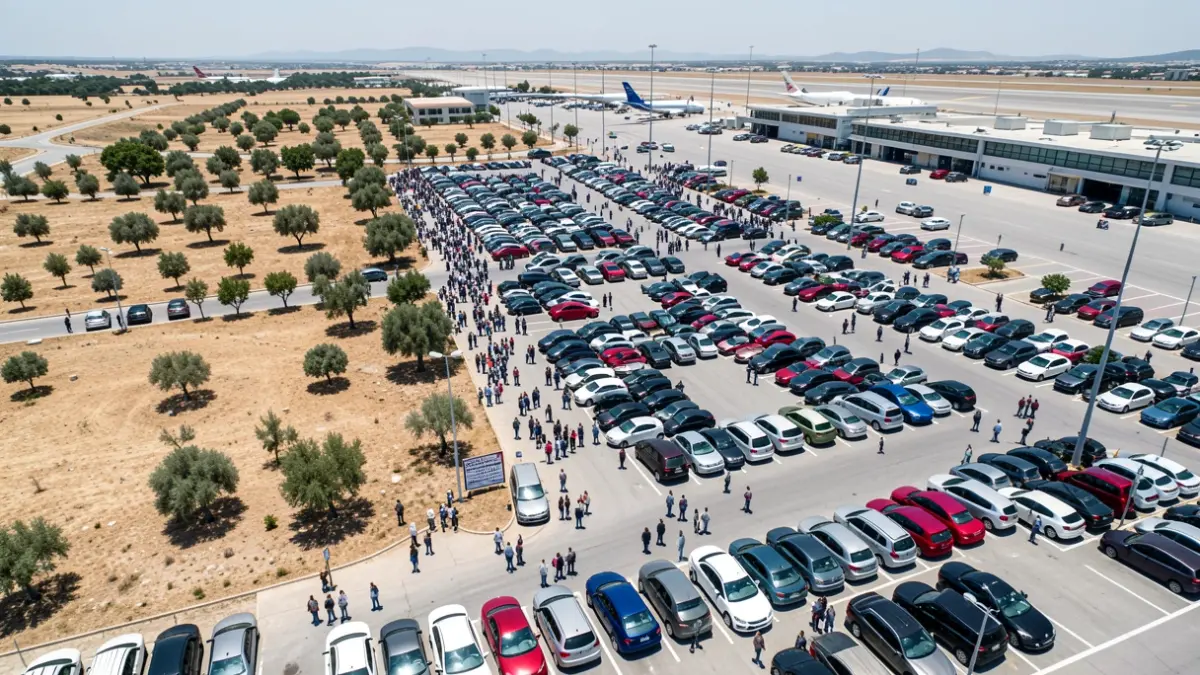 Vista aèria d'una gran zona d'aparcament de vehicles a l'entorn de l'aeroport d'Elx.