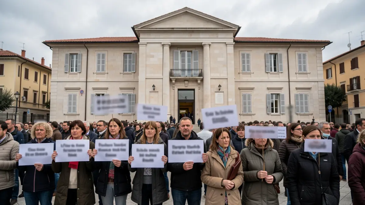 Imatge genèrica de ciutadans manifestant-se davant un edifici oficial.