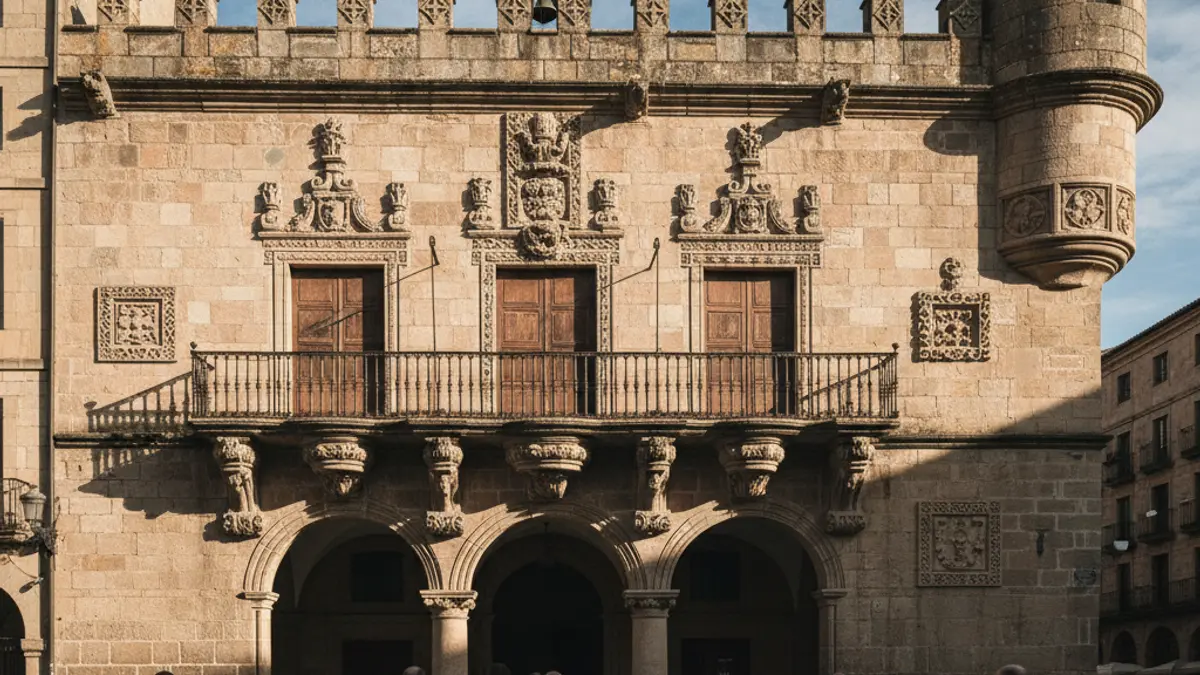Facade of a town hall with a balcony and iron railings, illuminated by the afternoon sun.