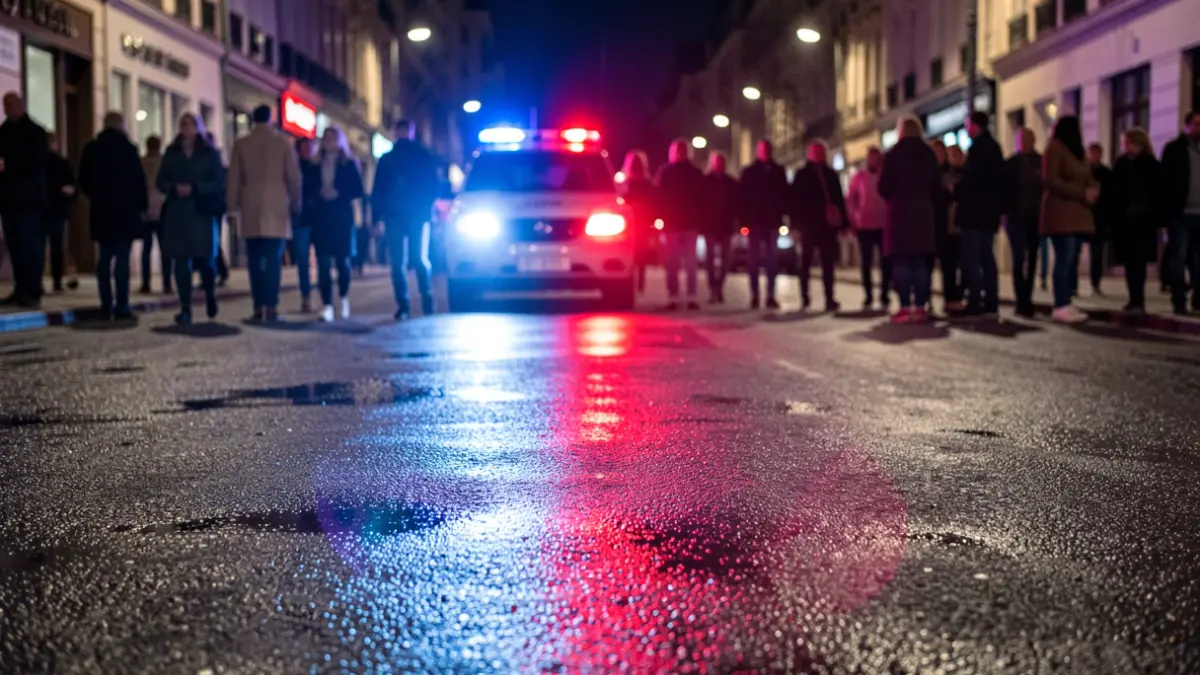 Generic image of police emergency lights reflecting on wet asphalt.
