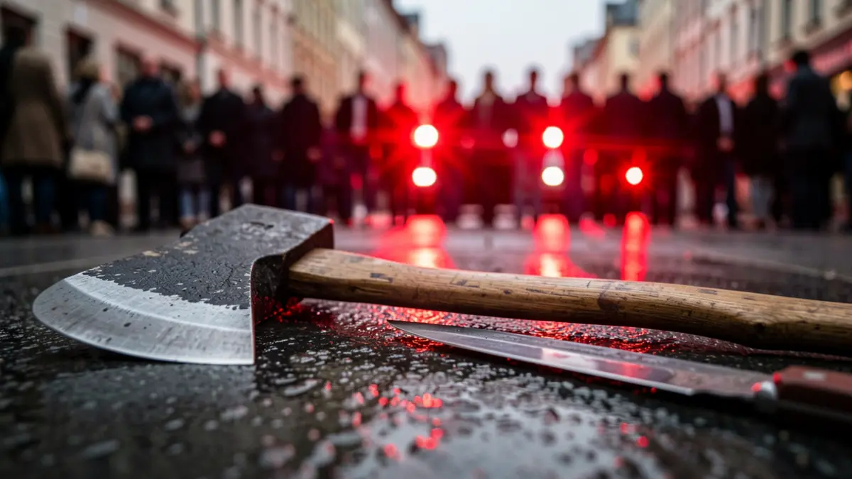 Generic image of an axe and a knife with emergency lights in the background.