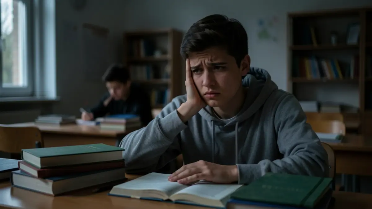 Generic image of a student with books before an exam.