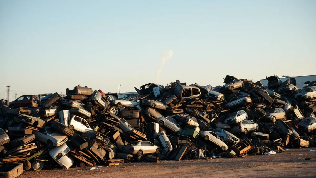 Image of a junkyard with vehicle remains and a column of smoke in the background, indicating a controlled fire.