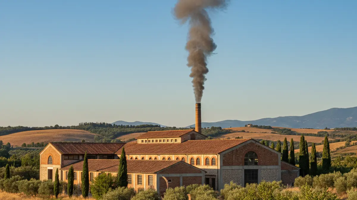 Image of a smoke column rising from a tile factory in Agost, with blurred emergency lights in the foreground.
