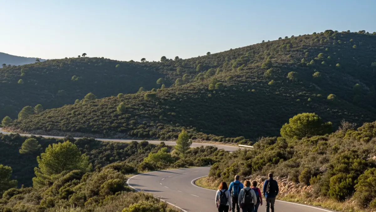 Image of a mountain road in the Serra d'Aitana, with people walking in the distance and Mediterranean vegetation.