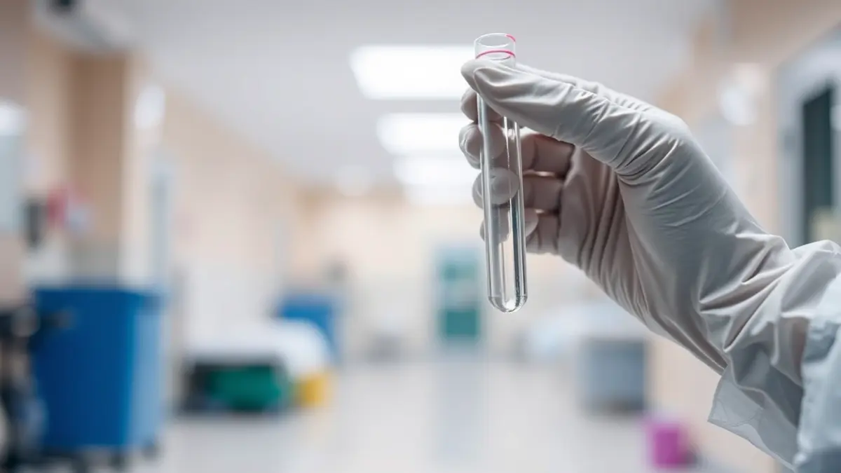 Imatge genèrica de mans enguantades d'un professional mèdic sostenint un tub d'assaig en un entorn hospitalari.
