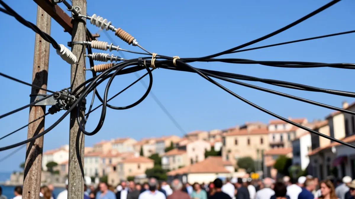 Imagen genérica de cables eléctricos en un poste con un pueblo mediterráneo al fondo.