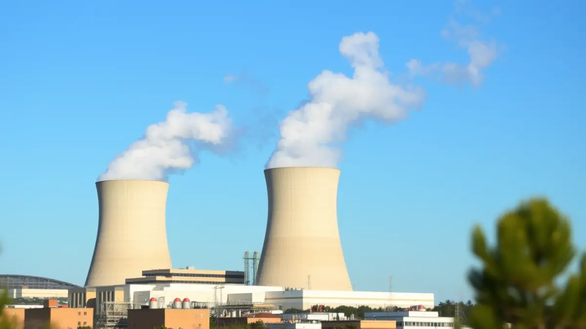 Imatge d'una central nuclear amb torres de refrigeració, en un paisatge mediterrani.