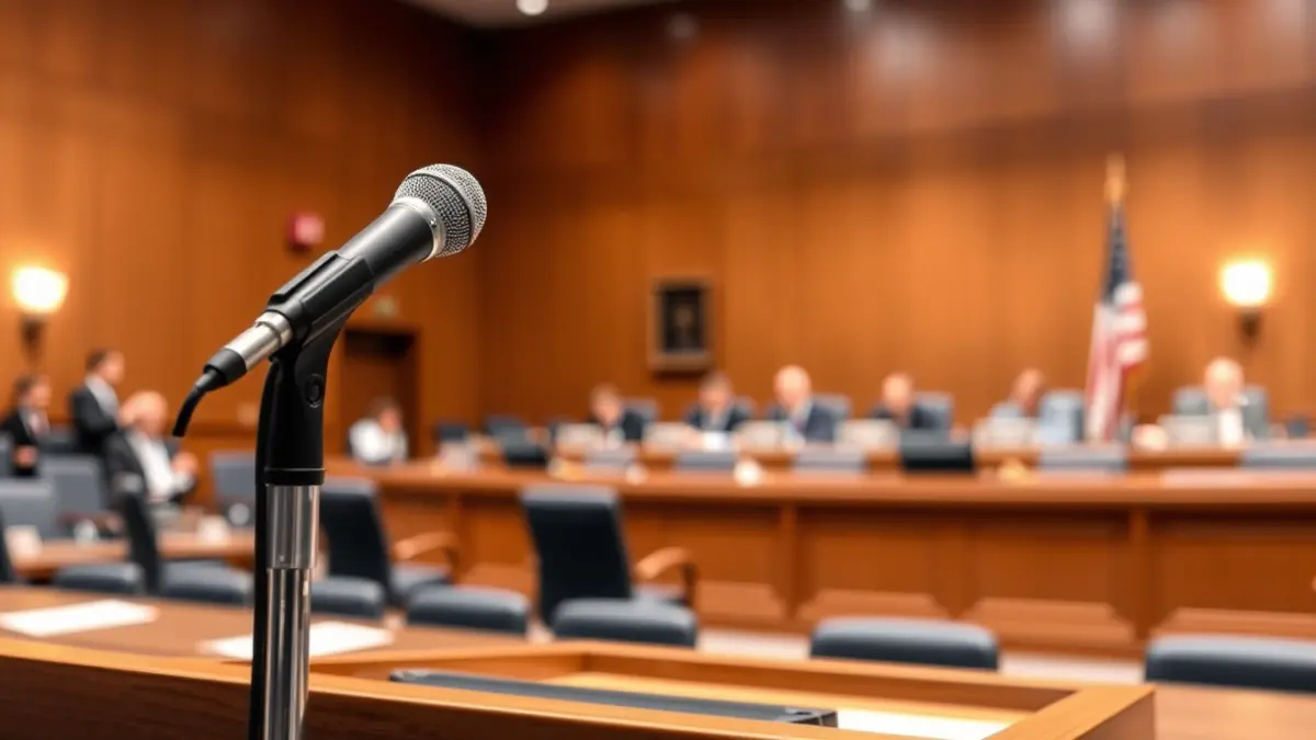 Generic image of a city council meeting room, with a microphone on a podium and empty chairs.