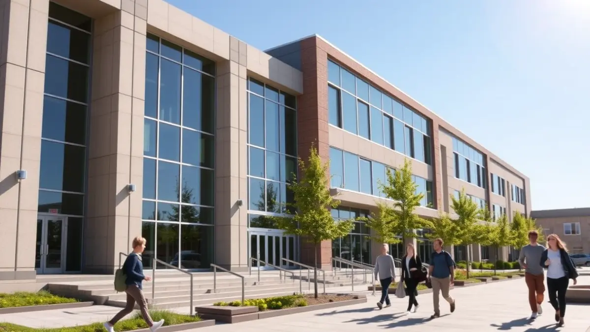 Generic image of a modern university building with students walking, representing the educational environment.