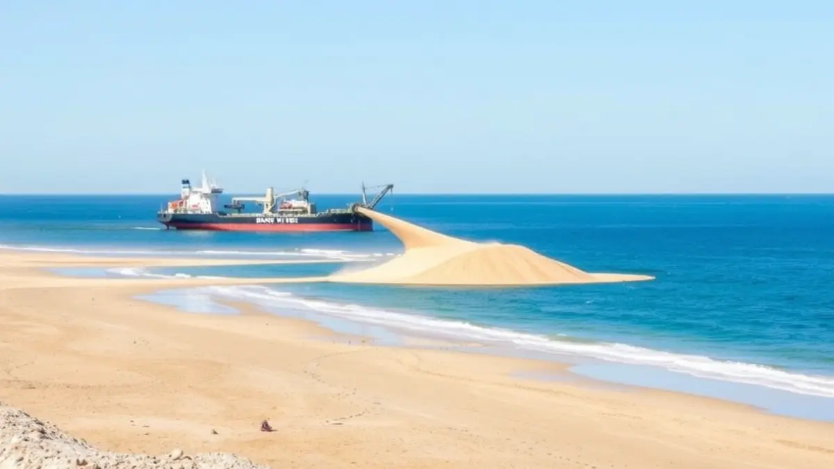 Imatge d'una draga gran, la Bonny River, treballant en la regeneració de les platges de Cullera, bombant arena des del fons marí cap a la costa.