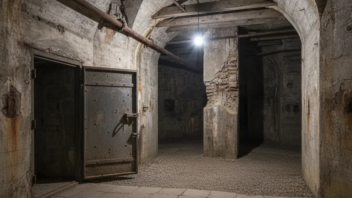 Imatge de l'interior d'un refugi antiaeri restaurat amb il·luminació tènue.