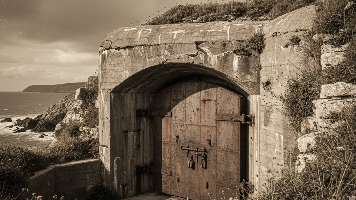 Image of a concrete air-raid shelter in a coastal area, with vegetation and a metal door.