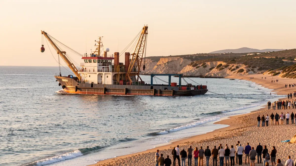 Imatge d'una draga treballant en la regeneració de la costa de Cullera.