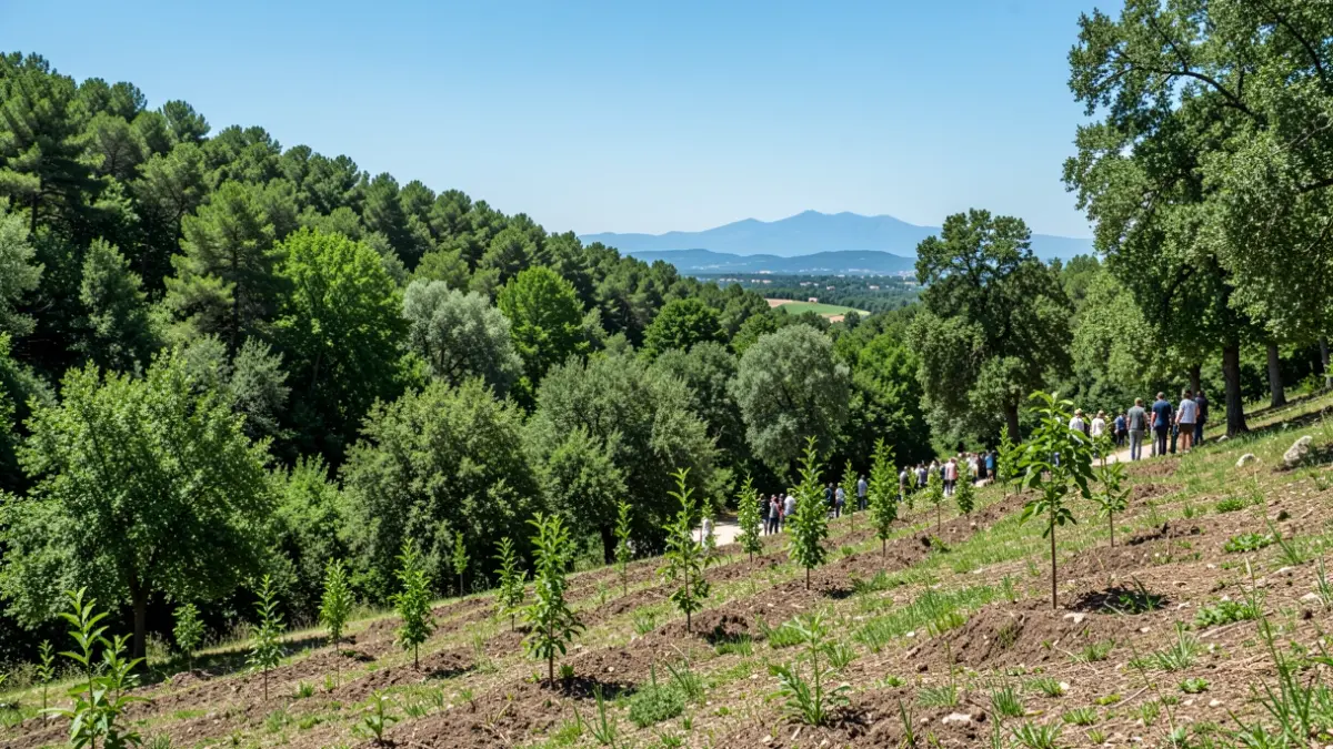 Imagen genérica de un paisaje forestal mediterráneo con árboles jóvenes plantados.