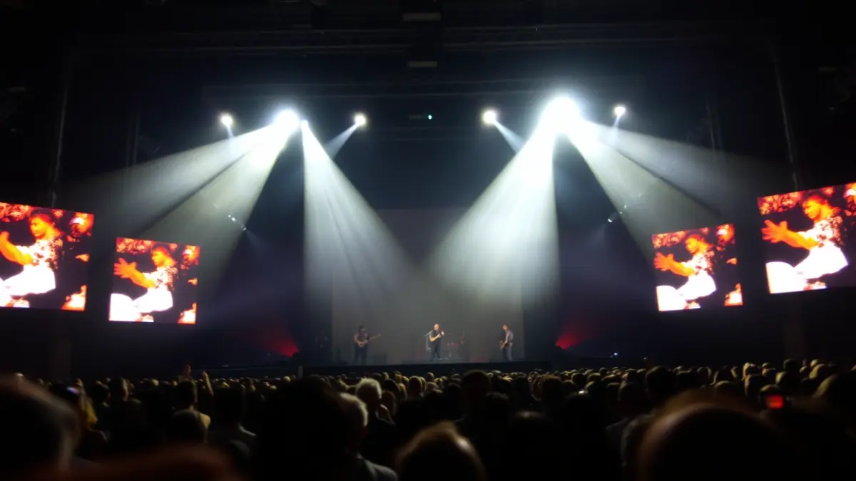 Imatge genèrica d'un escenari de concert amb llums brillants i un públic difuminat, capturant l'atmosfera energètica d'un esdeveniment de música en directe.