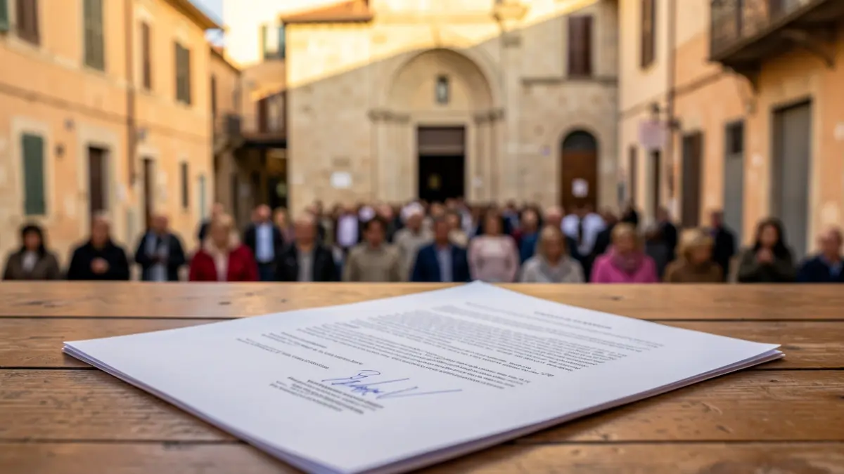 Imatge d'un document legal sobre una taula amb un edifici consistorial desenfocat al fons.