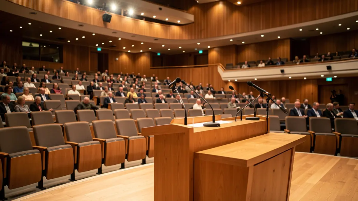 Generic image of an auditorium with microphones and empty chairs, set up for a debate.