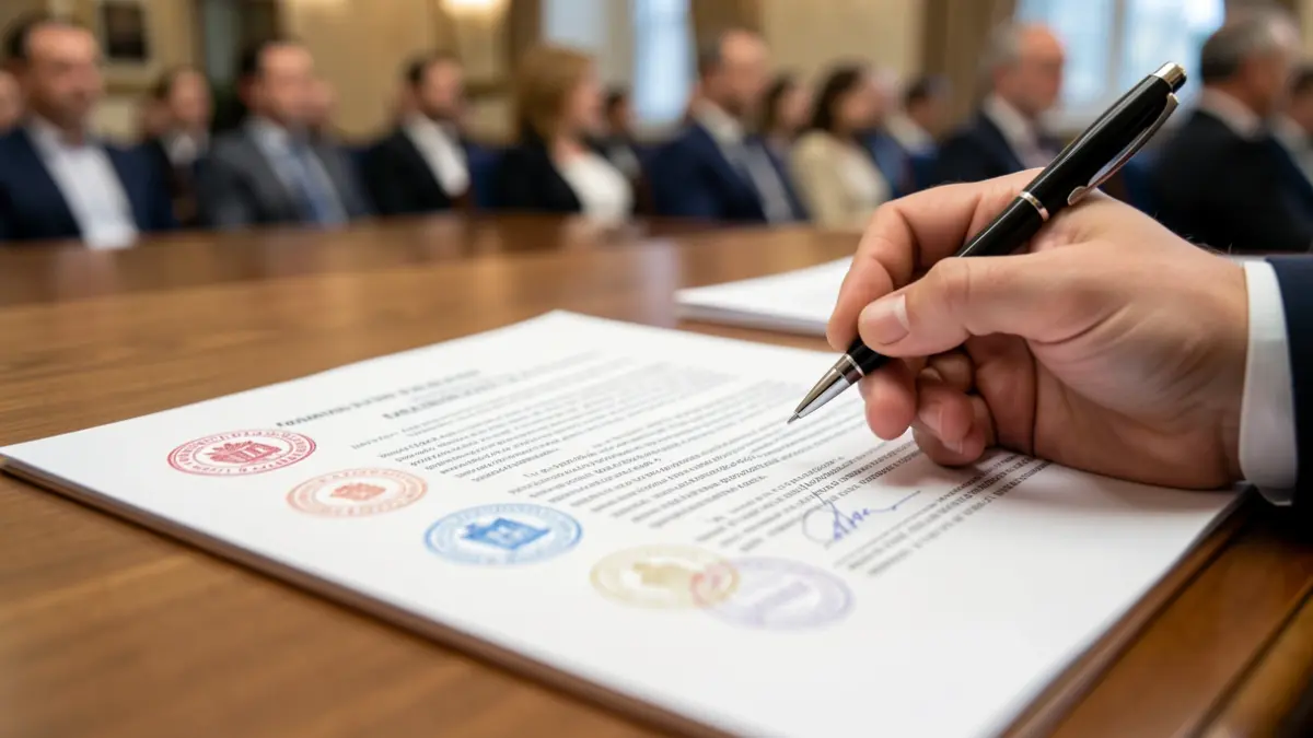 Imagen genérica de un documento legal con sellos y una mano a punto de firmar.