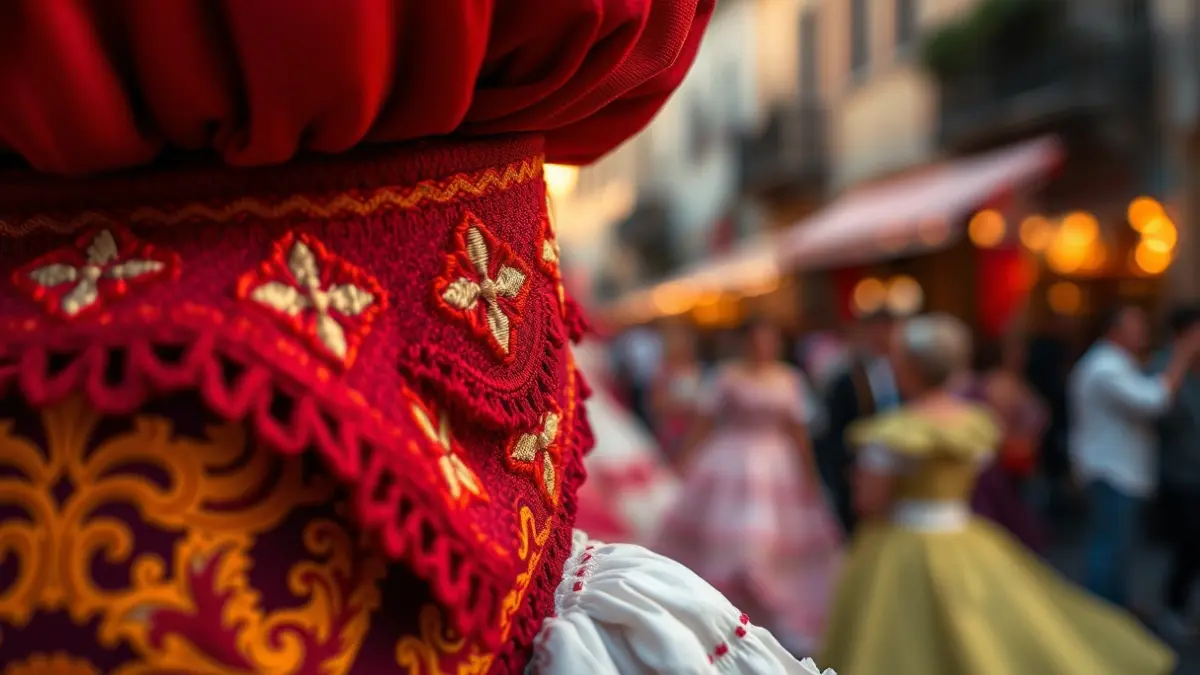 Imagen de un detalle de un traje de fallera, con telas ricas y bordados, en un ambiente festivo.