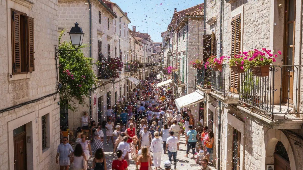 Imatge genèrica d'una multitud en un carrer festiu d'una ciutat mediterrània, amb banderes de colors i un ambient de celebració.