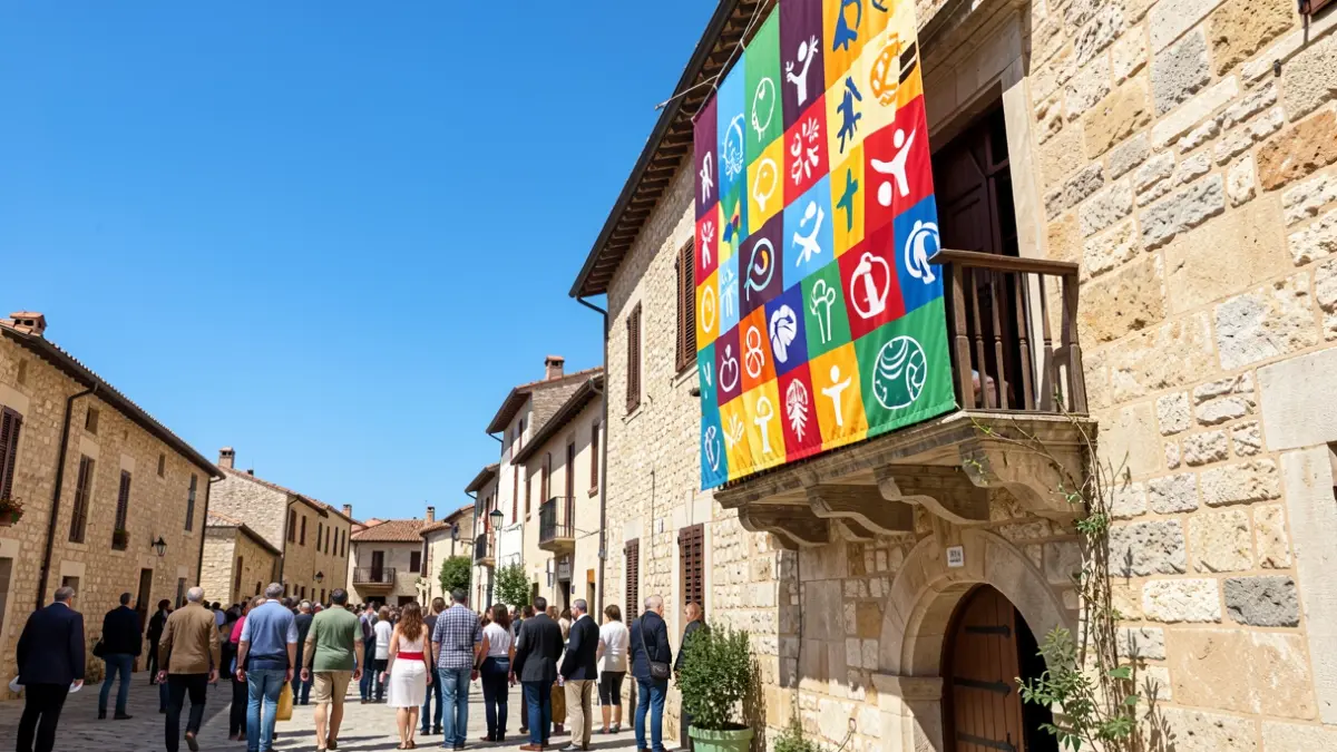 Pancarta con los colores de la diversidad colgada en la fachada del Ayuntamiento de Dénia.