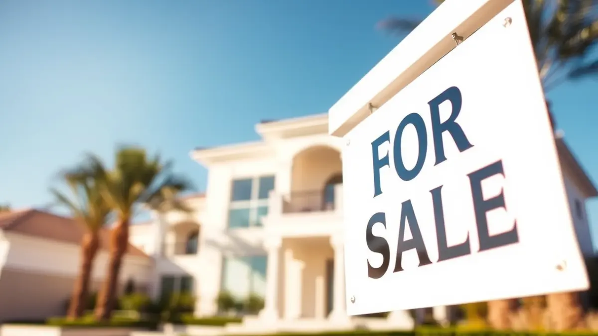 Generic image of a 'for sale' sign in front of a Mediterranean villa, with palm trees and blue sky in the background.