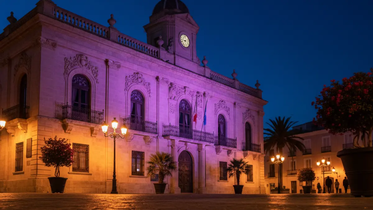 Fachada de un ayuntamiento iluminada de color morado por la noche, en señal de apoyo a la fibromialgia.