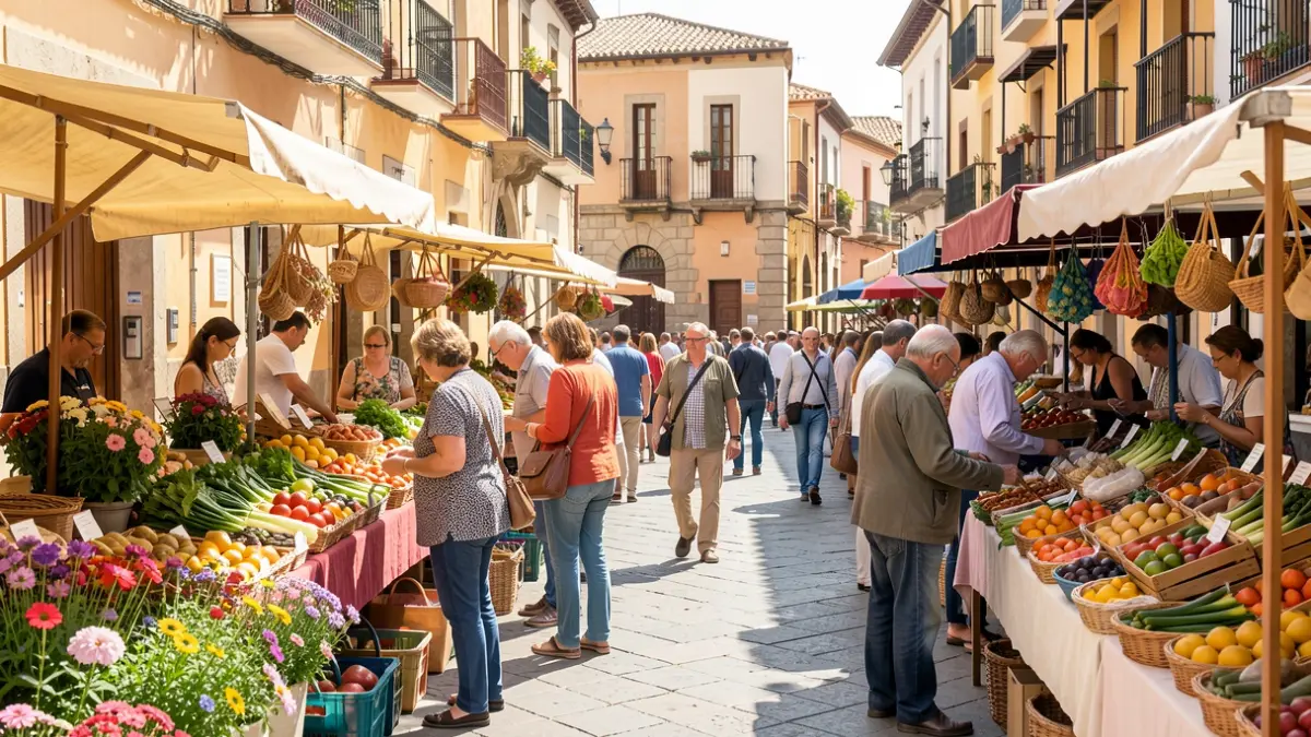 Imatge genèrica d'una fira de productes locals en una plaça mediterrània.