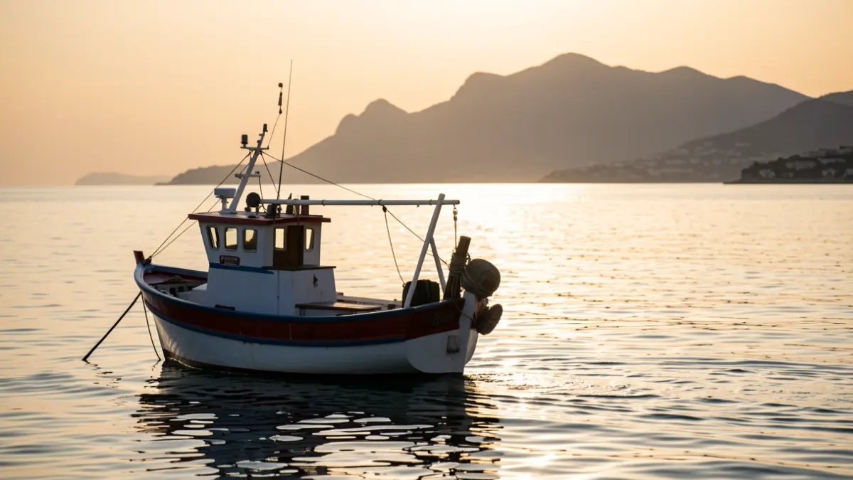 Generic image of a fishing boat in Dénia at sunrise.