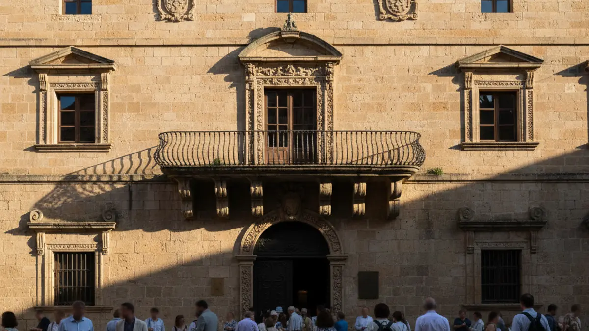 Façana de l'ajuntament de Dénia amb balcons i baranes de ferro, banyada per la llum del sol de la vesprada.