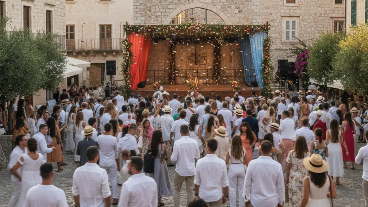 Image of a festive gathering in a square, with people and cultural activities.