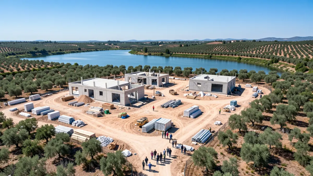 Generic image of a construction project with Mediterranean vegetation and a reservoir in the background.