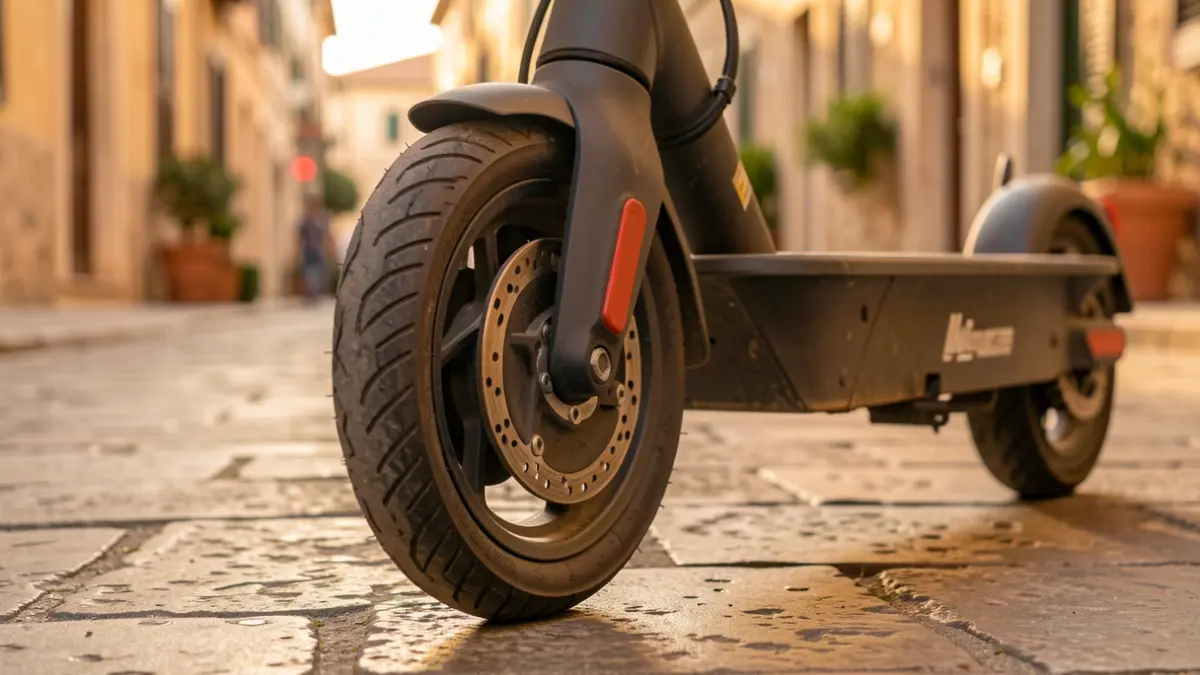 Imatge genèrica d'un patinet elèctric aparcat en un carrer pavimentat.