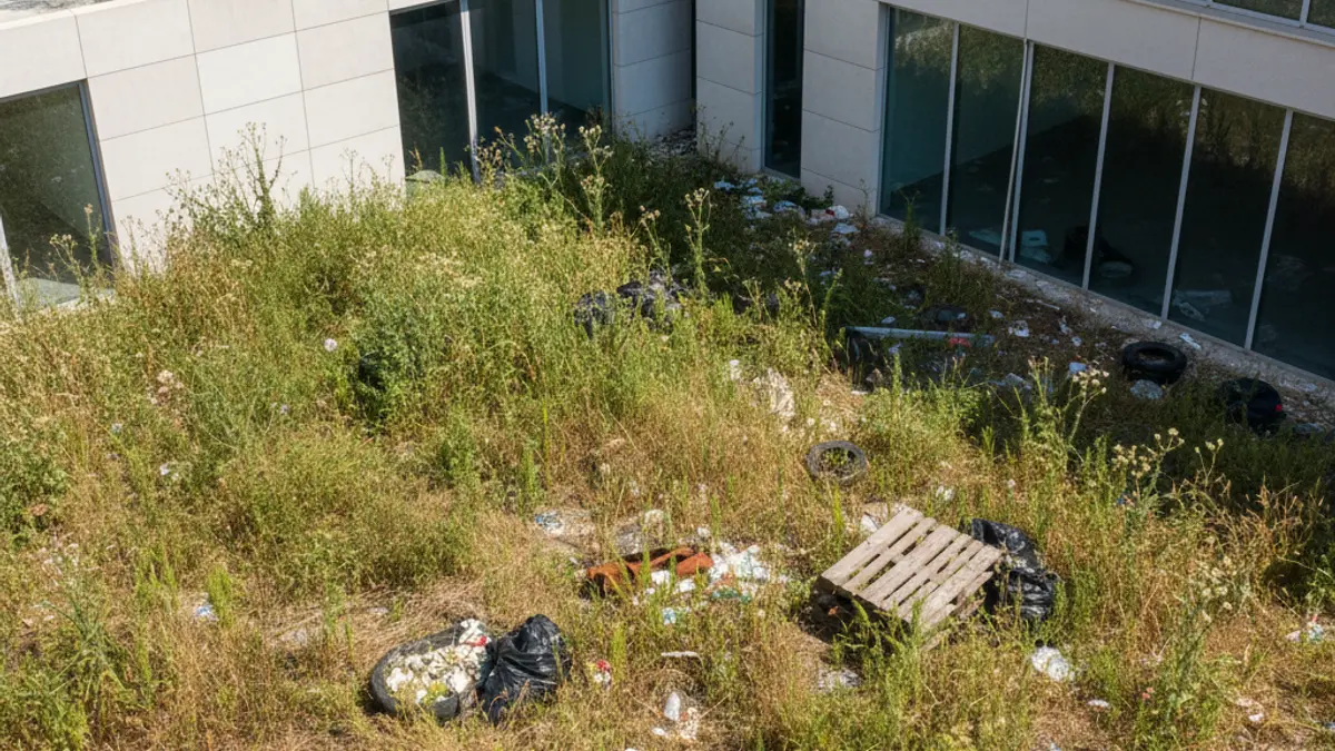Imatge d'un solar urbà abandonat amb brossa i males herbes en una ciutat mediterrània.