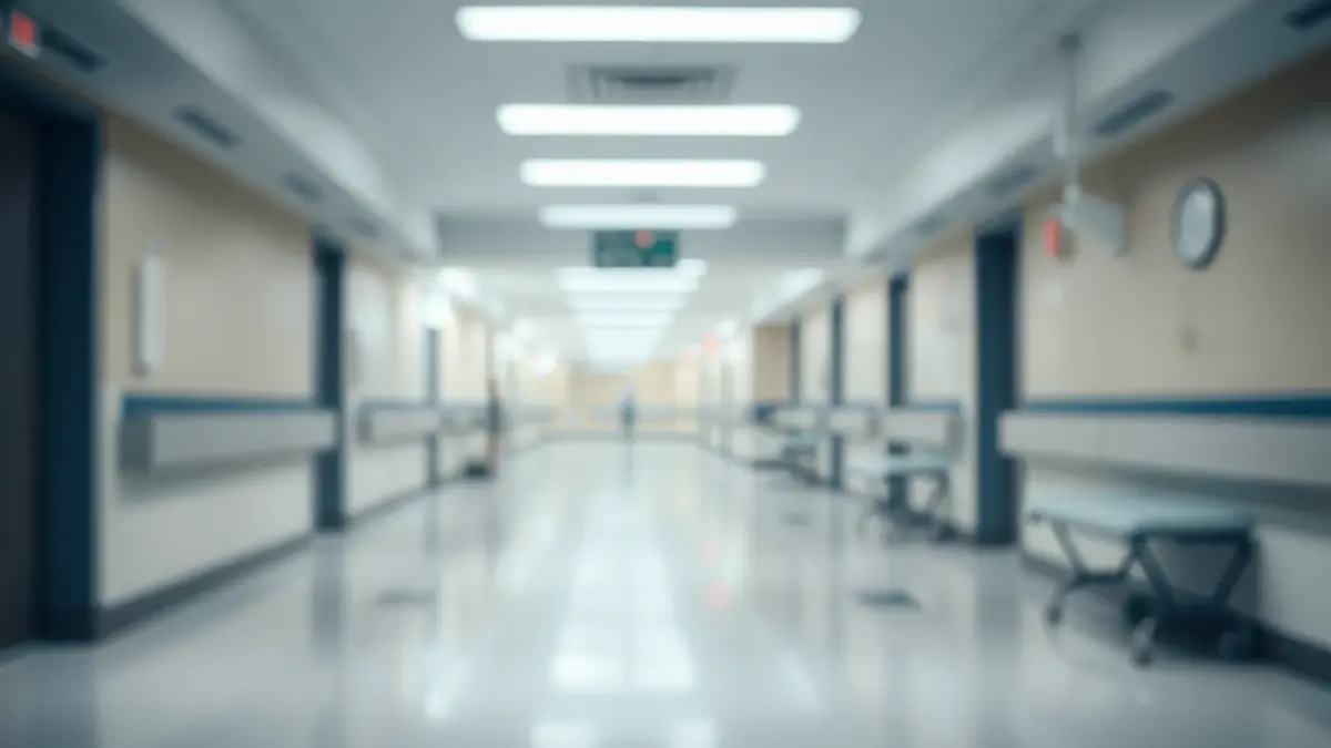 Generic image of a hospital corridor, with soft, sterile lighting, empty and quiet, suggesting waiting and medical environment.
