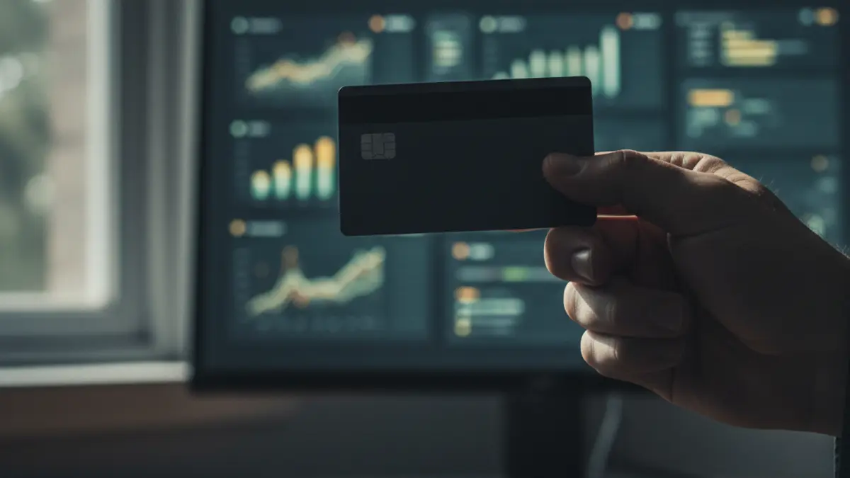 Generic image of a hand holding a credit card with a blurred computer screen in the background, symbolizing banking scams.