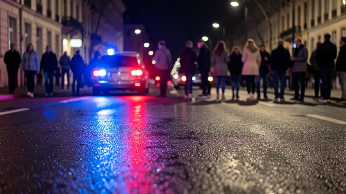 Generic image of police emergency lights reflecting on wet asphalt.